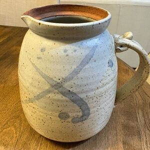 Bruce Vallance Handcrafted Cream Ceramic Pitcher with Blue Brushstroke Accent